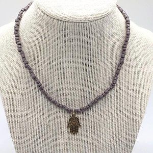 Gray Seed Glass Bead Necklace Choker HAMSA HAND